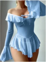 Sheer Lace Mesh Mini Dress Set Long Sleeve See-through Nightdress - Image 15