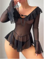 Sheer Lace Mesh Mini Dress Set Long Sleeve See-through Nightdress - Image 5