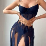 3-Piece Mesh Split Pants Set with Ring Details – Bra Top + Sheer High-Slit Pants + Panty