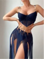 3-Piece Mesh Split Pants Set with Ring Details – Bra Top + Sheer High-Slit Pants + Panty