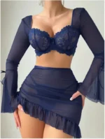 3-Piece Sheer Mesh & Lace Long Sleeve Underwrie Bra Top Mini Skirt Thong Lingerie Set - Image 5