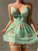 Lace Bowknot Decorated Babydoll With Garter Belt & Thong 2-Piece Lingerie Set - Image 12