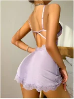 Lavender Floral Lace Mesh Patchwork Nightdress With Thong - Image 4