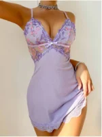 Lavender Floral Lace Mesh Patchwork Nightdress With Thong - Image 5