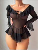 Sheer Lace Mesh Mini Dress Set Long Sleeve See-through Nightdress - Image 6