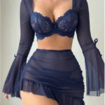 3-Piece Sheer Mesh & Lace Long Sleeve Underwrie Bra Top Mini Skirt Thong Lingerie Set