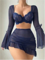 3-Piece Sheer Mesh & Lace Long Sleeve Underwrie Bra Top Mini Skirt Thong Lingerie Set