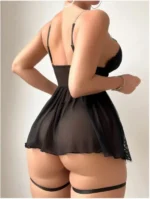 Lace Bowknot Decorated Babydoll With Garter Belt & Thong 2-Piece Lingerie Set - Image 4