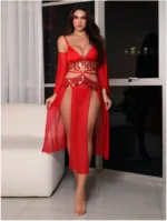 Red Sequin Fringe Mesh Bralette & High-Slit Skirt Set with Detachable Sheer Sleeves - Image 6