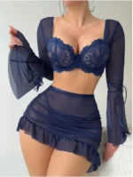 3-Piece Sheer Mesh & Lace Long Sleeve Underwrie Bra Top Mini Skirt Thong Lingerie Set - Image 4