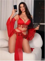 Red Sequin Fringe Mesh Bralette & High-Slit Skirt Set with Detachable Sheer Sleeves