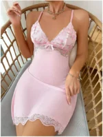 Lavender Floral Lace Mesh Patchwork Nightdress With Thong - Image 12