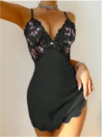 Lavender Floral Lace Mesh Patchwork Nightdress With Thong - Image 7