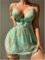 Lace Bowknot Decorated Babydoll With Garter Belt & Thong 2-Piece Lingerie Set - Image 16