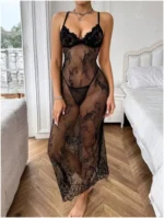 Sheer Floral Lace Maxi Chemise with Crisscross Back & Matching Thong – 2-Piece Set - Image 7