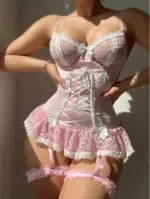 Sexy Lace Patchwork Corset Lingerie Set With Ribbon Tie Design - Image 15