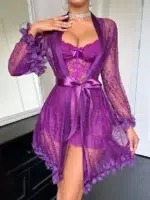 3D Floral Lace Robe & Boned Waist Camisole Nightgown Set - Image 20