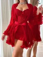 3D Floral Lace Robe & Boned Waist Camisole Nightgown Set - Image 3