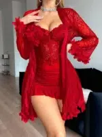 3D Floral Lace Robe & Boned Waist Camisole Nightgown Set - Image 6