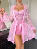 3D Floral Lace Robe & Boned Waist Camisole Nightgown Set - Image 25