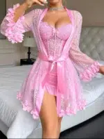 3D Floral Lace Robe & Boned Waist Camisole Nightgown Set - Image 27