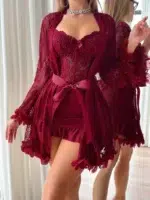 3D Floral Lace Robe & Boned Waist Camisole Nightgown Set - Image 37