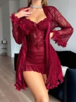 3D Floral Lace Robe & Boned Waist Camisole Nightgown Set - Image 39