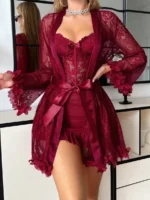 3D Floral Lace Robe & Boned Waist Camisole Nightgown Set - Image 40
