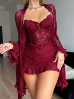 3D Floral Lace Robe & Boned Waist Camisole Nightgown Set - Image 41