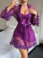 3D Floral Lace Robe & Boned Waist Camisole Nightgown Set - Image 16