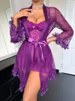 3D Floral Lace Robe & Boned Waist Camisole Nightgown Set - Image 17