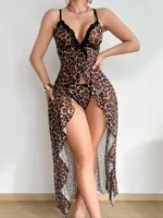 Leopard Print Lace Trim Split Front Lingerie Dress Set - Image 6