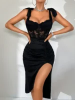 Lace Bodice Ruched Midi Dress with Bow Shoulder Straps - Image 3