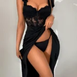 Lace Bodice Ruched Midi Dress with Bow Shoulder Straps