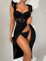 Lace Bodice Ruched Midi Dress with Bow Shoulder Straps