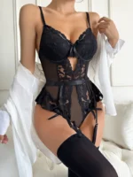 Floral Lace Bridal Bodysuit with Garter Straps - Image 5