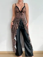 Leopard Print Lace Trim Split Front Lingerie Dress Set - Image 5