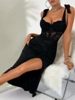 Lace Bodice Ruched Midi Dress with Bow Shoulder Straps - Image 6