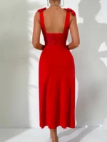 Lace Bodice Ruched Midi Dress with Bow Shoulder Straps - Image 10