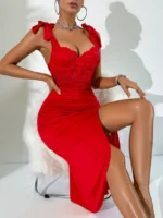 Lace Bodice Ruched Midi Dress with Bow Shoulder Straps - Image 8