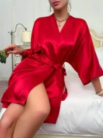 Elegant Satin Tie-Front Short Robe – Soft Silky Loungewear for Autumn & Winter - Image 10
