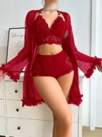 Sexy Lace 3-Piece Lingerie Set with 3D Floral Sheer Long Robe – Bridal Honeymoon Nightwear - Image 2