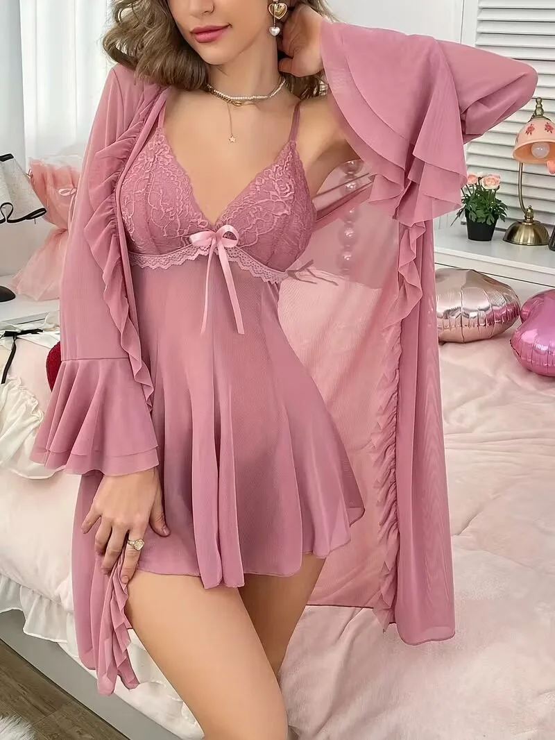 CHIC241229354-1 Lace Babydoll & Sheer Ruffle Robe Set – Romantic 2-Piece Mesh Sleepwear - Image 1