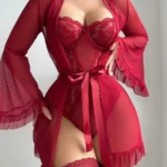 5-Piece Valentine’s Day Sexy Crotchless Bodysuit Set with Sheer Robe, Waist Belt & 1 Pairs of Thigh-High Socks