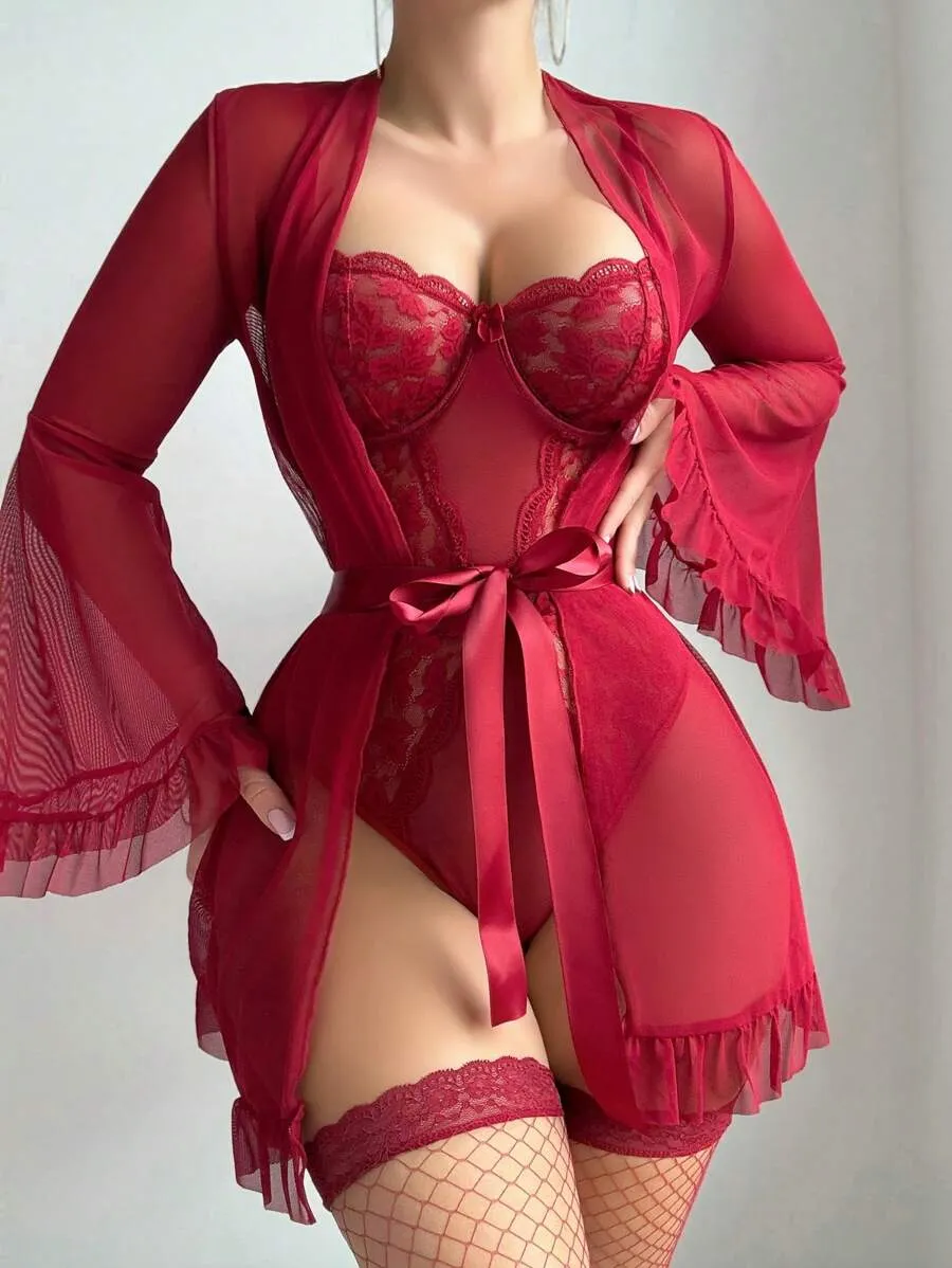 CHIC241229356-1 5-Piece Valentine’s Day Sexy Crotchless Bodysuit Set with Sheer Robe, Waist Belt & 1 Pairs of Thigh-High Socks - Image 1
