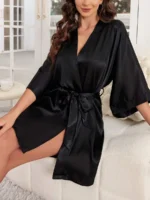 Elegant Satin Tie-Front Short Robe – Soft Silky Loungewear for Autumn & Winter - Image 6