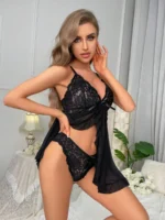 Contrast Lace Ruffle Trim Mesh Babydoll Sexy Lingerie Dress With Panty - Image 11
