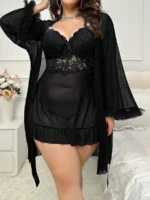 Plus Size Lace Nightgown Set – 3-Piece Cami Dress with Sheer Bell Sleeve Robe & Thong - Image 11