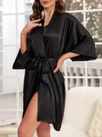 Elegant Satin Tie-Front Short Robe – Soft Silky Loungewear for Autumn & Winter - Image 7