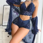 Sexy Lace 3-Piece Lingerie Set with 3D Floral Sheer Long Robe – Bridal Honeymoon Nightwear